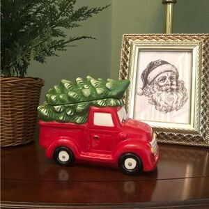 Festive Red Truck with Green Christmas Tree Small Cookie Jar